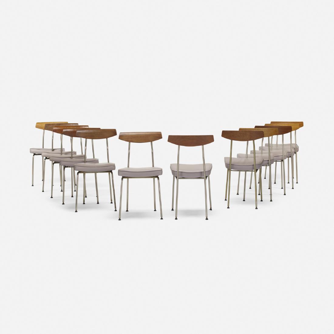 John and Sylvia Reid, dining chairs, set of twelve: John and Sylvia Reid dining chairs, set of twelve Stag Furniture Company United Kingdom, 1959 matte chrome-plated steel, ribbon mahogany, leather, plastic 17 w × 19 d × 31 h in (43 ×