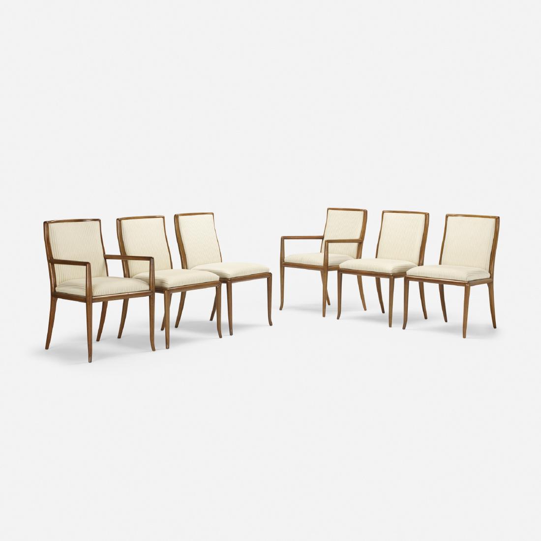 T.H. Robsjohn-Gibbings, dining chairs, set of six: T.H. Robsjohn-Gibbings dining chairs, set of six Widdicomb United Kingdom / USA, c. 1950 upholstery, walnut 22.5 w × 24 d × 34.5 h in (57 × 61 × 88 cm) Set includes two
