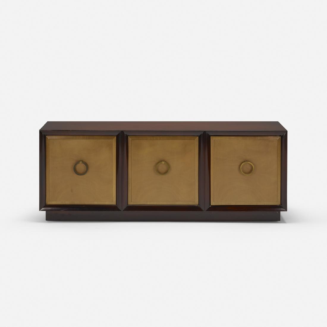 T.H. Robsjohn-Gibbings, cabinet: T.H. Robsjohn-Gibbings cabinet WiddicombUnited Kingdom / USA, c. 1950lacquered walnut, bleached walnut, brass69 w × 18 d × 26.75 h in (175 × 46 × 68 cm) Cabinet feat