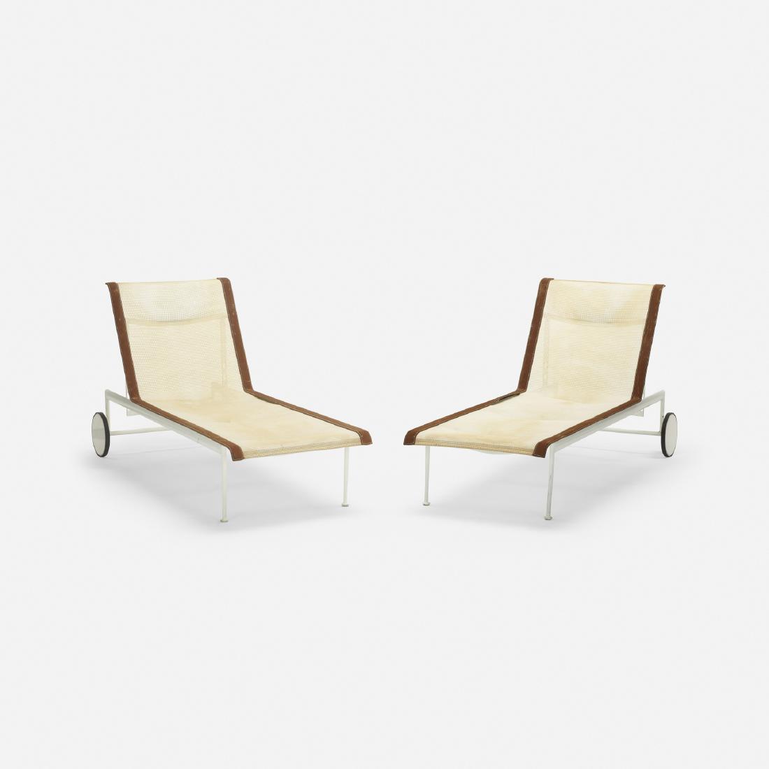 Richard Schultz, 1966 chaise lounges, pair: Richard Schultz 1966 chaise lounges, pair Knoll InternationalUSA, 1966enameled aluminum, nylon, vinyl, rubber74 w × 27 d × 32 h in (188 × 69 × 81 cm)