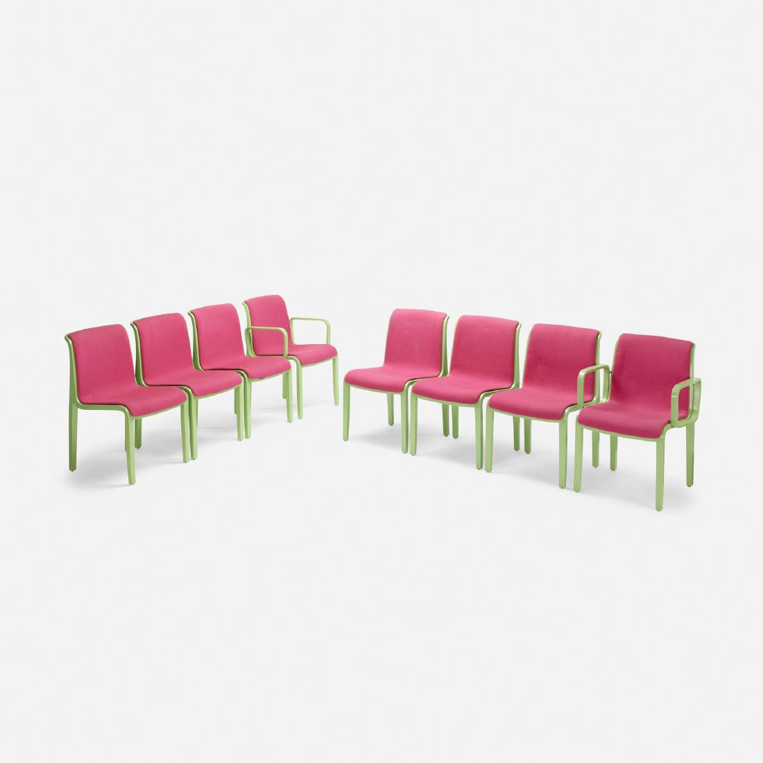 Bill Stephens, 1300 Series dining chairs, set of eight: Bill Stephens 1300 Series dining chairs, set of eight Knoll AssociatesUSA, 1965lacquered wood, upholstery23 w × 23 d × 31.75 h in (58 × 58 × 81 cm) Set includes two
