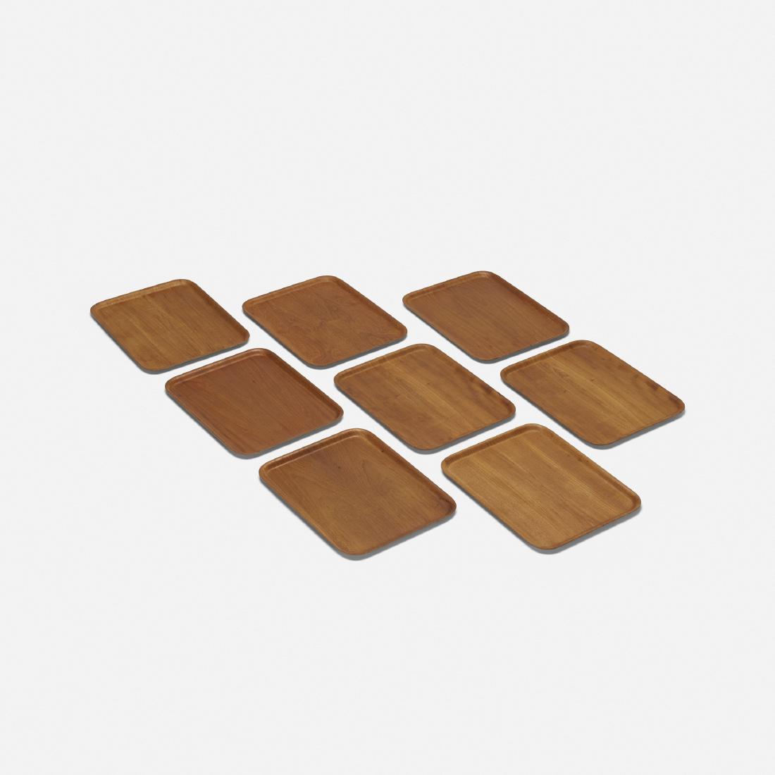 Swedish, trays, set of eight: Swedish trays, set of eight c. 1960 teak plywood 16.75 w × 12.75 d × 0.75 h in (43 × 32 × 2 cm) Signed with stamped manufacturer's mark to underside of each example: [Made i