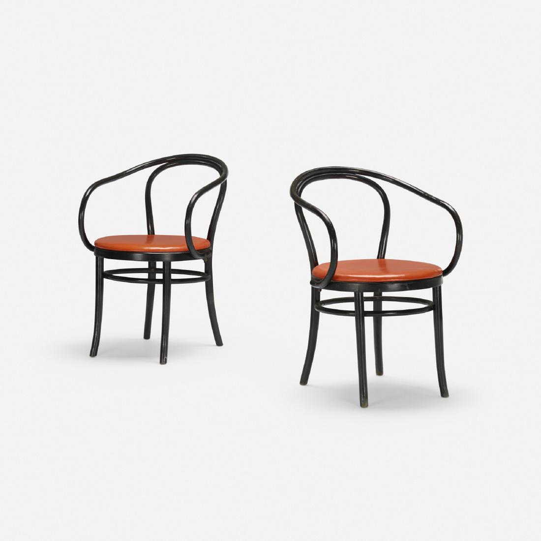Michael Thonet, armchairs, pair: Michael Thonet armchairs, pair ThonetGermany / Austria, 1906 / c. 1970lacquered wood, vinyl21 w × 22.5 d × 31 h in (53 × 57 × 79 cm) Signed with applied manufacturer