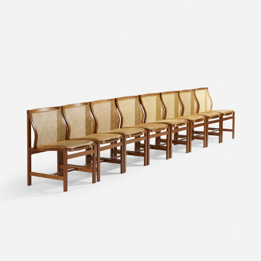 Thygesen and Sorensen, dining chairs, set of eight: Rud Thygesen and Johnny Sorensen dining chairs, set of eight BotiumDenmark, c. 1970teak, leather, cane21 w × 21.75 d × 31.75 h in (53 × 55 × 81 cm) Signed with decal