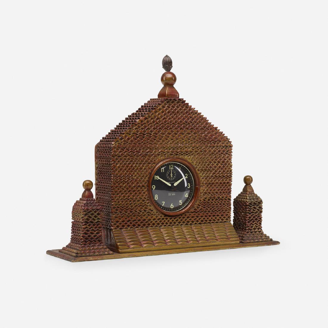 Tramp Art, mantle clock: Tramp Art mantle clock USA, 1938 carved wood, found objects 19.25 w × 5.5 d × 16.25 h in (49 × 14 × 41 cm) Signed and dated to interior: [Oktober 21 1938 Mike Sopirak George