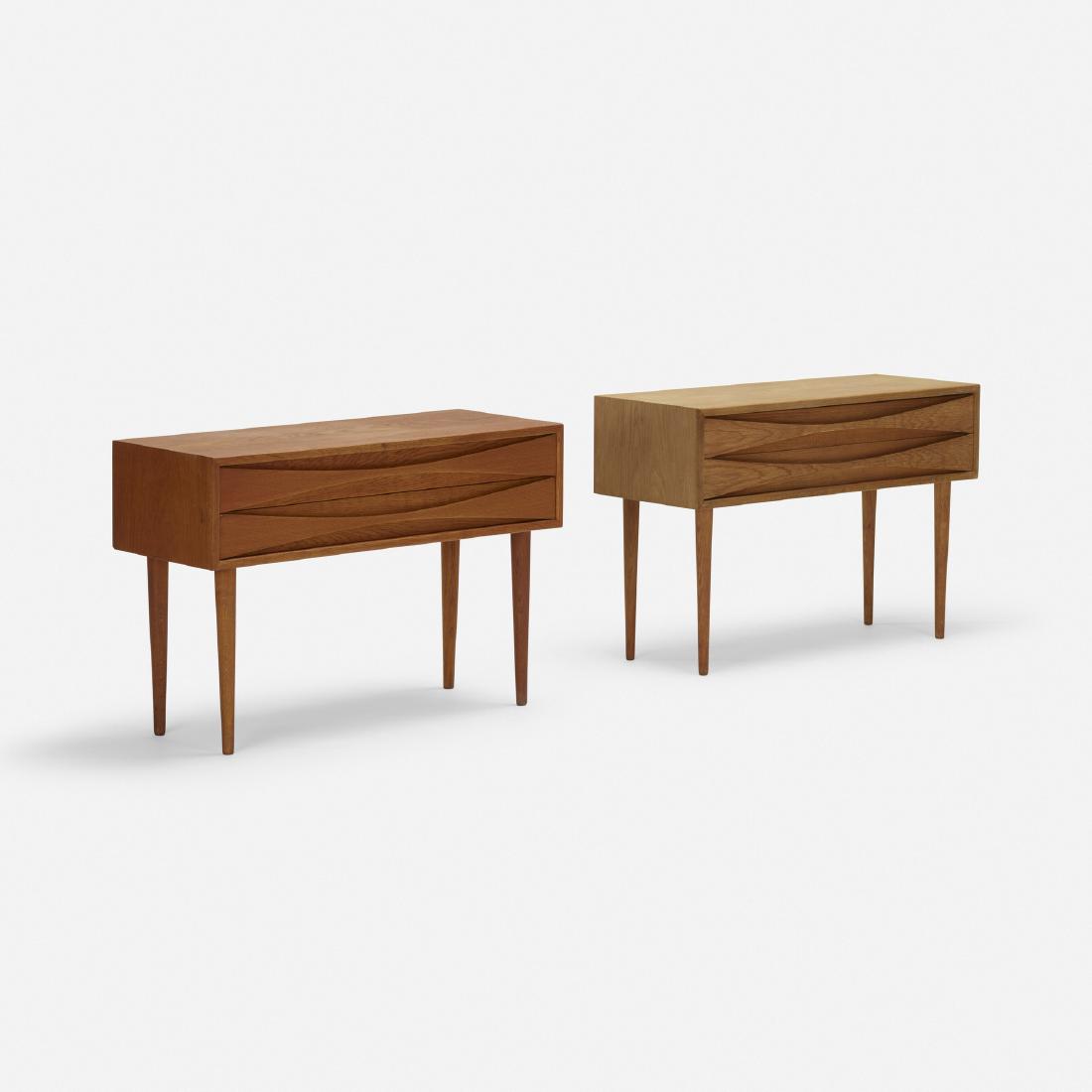 Arne Vodder, nightstands, pair: Arne Vodder nightstands, pair N.C. MoblerDenmark, c. 1960teak31.5 w × 12.5 d × 21.24 h in (80 × 32 × 54 cm) Each nightstand features two drawers.