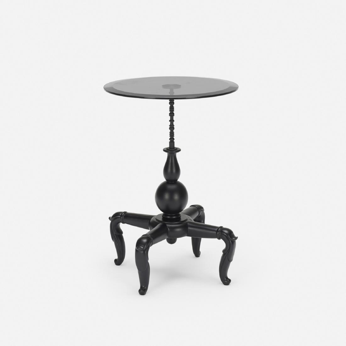 Marcel Wanders, New Antiques table: Marcel Wanders New Antiques table CappelliniThe Netherlands / Italy, 2005lacquered wood, enameled brass, smoked glass13.75 dia × 20 h in (35 × 51 cm)