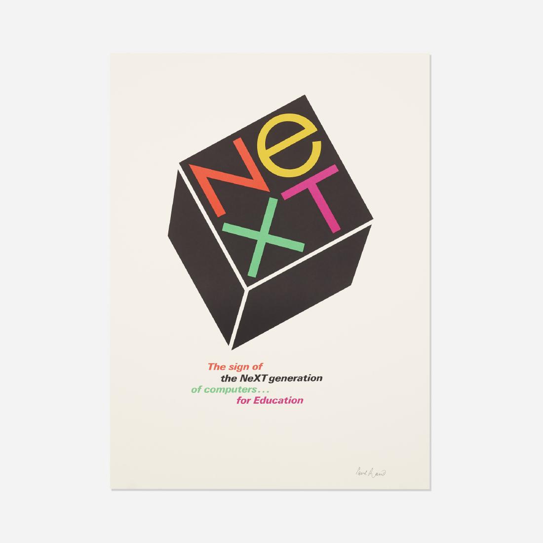 Paul Rand, NeXT poster: Paul Rand NeXT poster USA, 1986offset lithograph on paper30 h × 22 w in (76 × 56 cm) Printed signature to lower right: [Paul Rand]. Literature: Paul Rand