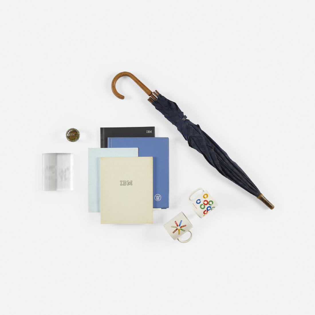 Paul Rand, corporate logo gift collection: Paul Rand corporate logo gift collection USA, c. 1990glass, porcelain, fabric, beech, vinyl, crystal9 w × .5 d × 12 h in (23 × 1 × 30 cm) Collection includes two coffee cu