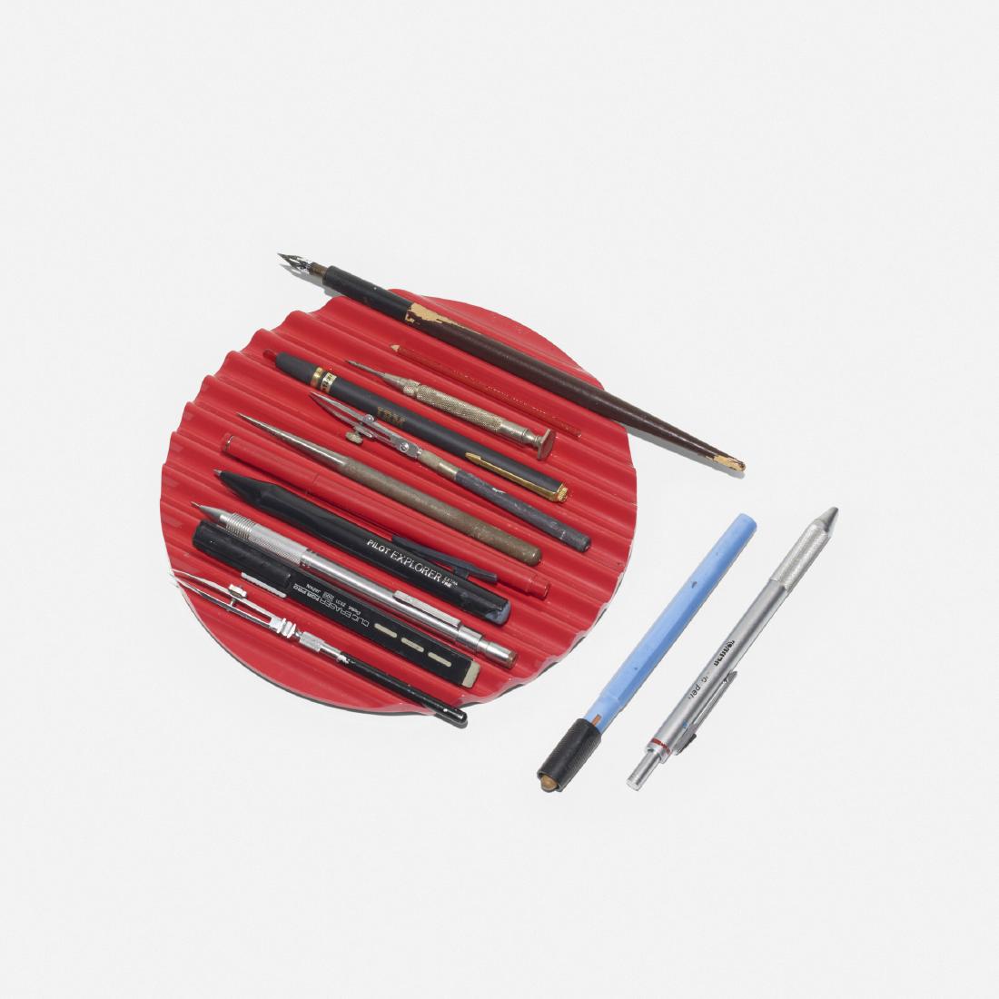 From the studio of Paul Rand, 13 drafting utensils: From the studio of Paul Rand collection of thirteen drafting utensils USAplastic, aluminum, lacquered wood, chrome-plated steel, steel7.5 l in (19 cm) Collection is comprised of pens, pencils, er