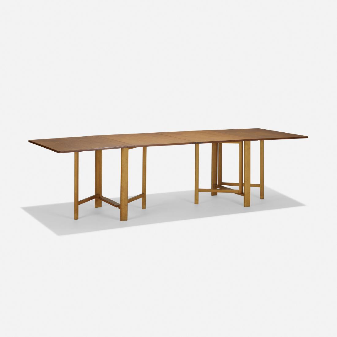 Bruno Mathsson, Maria folding table: Bruno Mathsson Maria folding table Firma Karl MathssonSweden, 1937teak, birch, brass110 w × 35.5 d × 28.5 h in (279 × 90 × 72 cm) Table features four 26-inch leaves