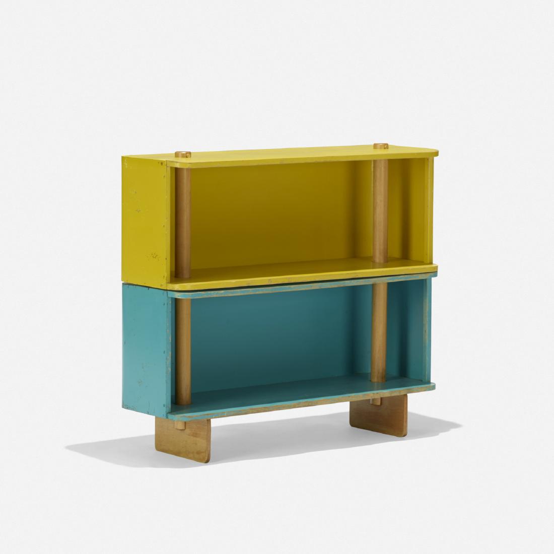 Henry Glass, Swingline bookcase: Henry Glass Swingline bookcase Fleetwood Furniture CompanyUSA, 1952lacquered wood, birch, plywood32 w × 10.5 d × 28.5 h in (81 × 27 × 72 cm) Literature: