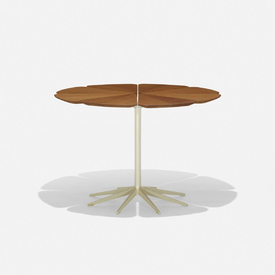 Richard Schultz, Petal dining table, model P320: Richard Schultz Petal dining table, model P320 KnollUSA, 1960 / c. 1980redwood, cast and enameled aluminum41.75 dia × 28 h in (106 × 71 cm) Literature: Knoll
