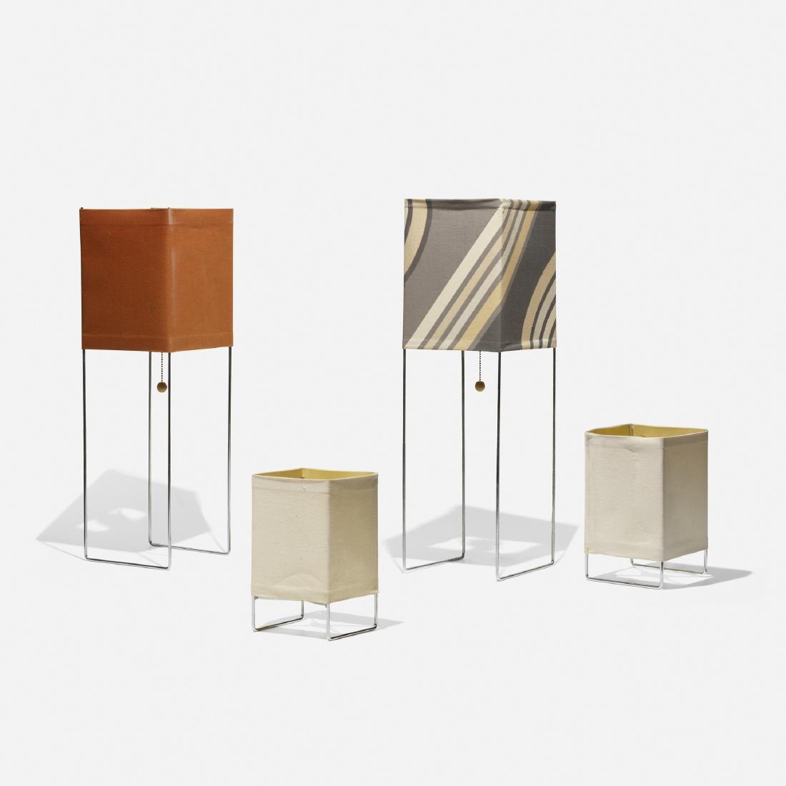 Gregory van Pelt, Wireworks lamps, set of four: Gregory van Pelt Wireworks lamps, set of four RaymorUSA, c. 1950chrome-plated steel, canvas9 w × 9 d × 28 h in (23 × 23 × 71 cm) Table lamps measure: 7 w x 7 d x 10.