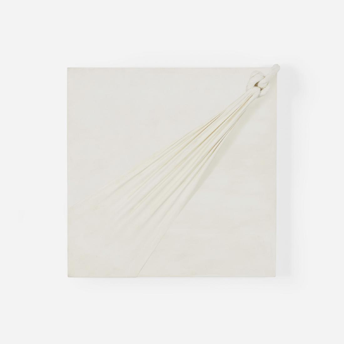 Jorge Eielson, Quipus A: Jorge Eielson Quipus A 1973painted canvas over wood20 h × 20 w × 5 d in (51 × 51 × 13 cm) Signed, titled and dated to verso 'Quipus A - 10/10 Paris 73 J Eielson'. This wor