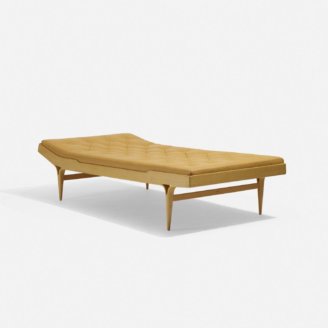 Bruno Mathsson, Berlin daybed: Bruno Mathsson Berlin daybed Firma Karl MathssonSweden, 1950 / 1964laminated beech, leather40 w × 79 d × 19 h in (102 × 201 × 48 cm) Signed with branded manufacturer