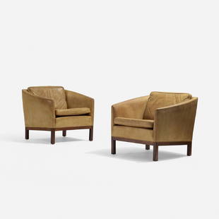 Illum Wikkelso, lounge chairs, pair: Illum Wikkelso lounge chairs, pair Holger Christiansen Denmark, c. 1960 leather, rosewood 33 w × 32 d × 29.5 h in (84 × 81 × 75 cm)