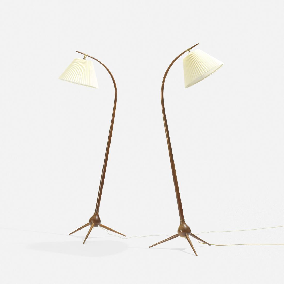 Severin Hansen Jr., floor lamps, pair: Severin Hansen Jr. floor lamps, pair Haslev Mobelsnedkeri A/SDenmark, c. 1955stained beech, paper, brass18 w × 24 d × 63.5 h in (46 × 61 × 161 cm)