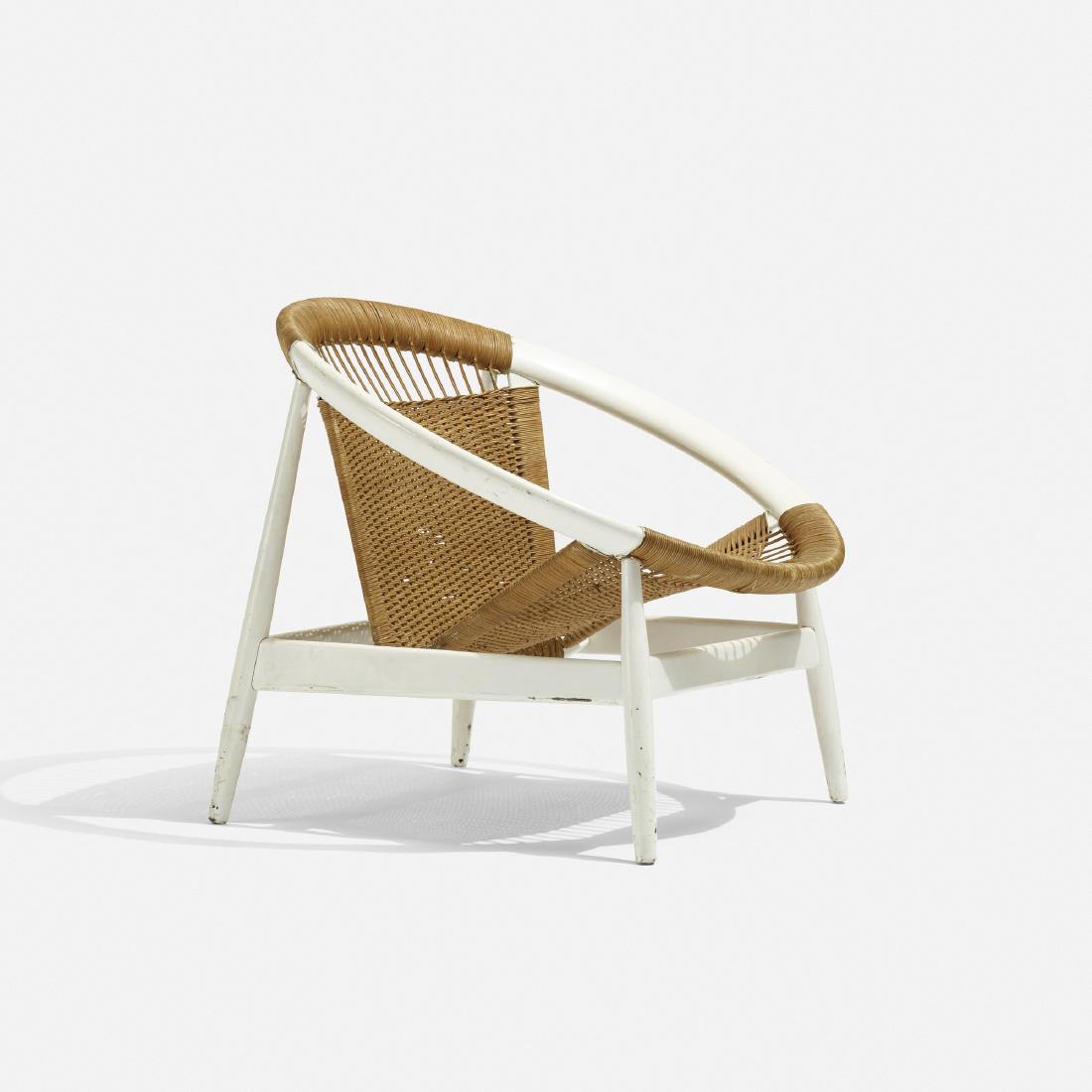 Illum Wikkelso, Ringstol lounge chair: Illum Wikkelso Ringstol lounge chair Niels EilersenDenmark, c. 1965lacquered wood, rattan31.75 w × 29 d × 26.5 h in (81 × 74 × 67 cm) Signed with impressed manufactu