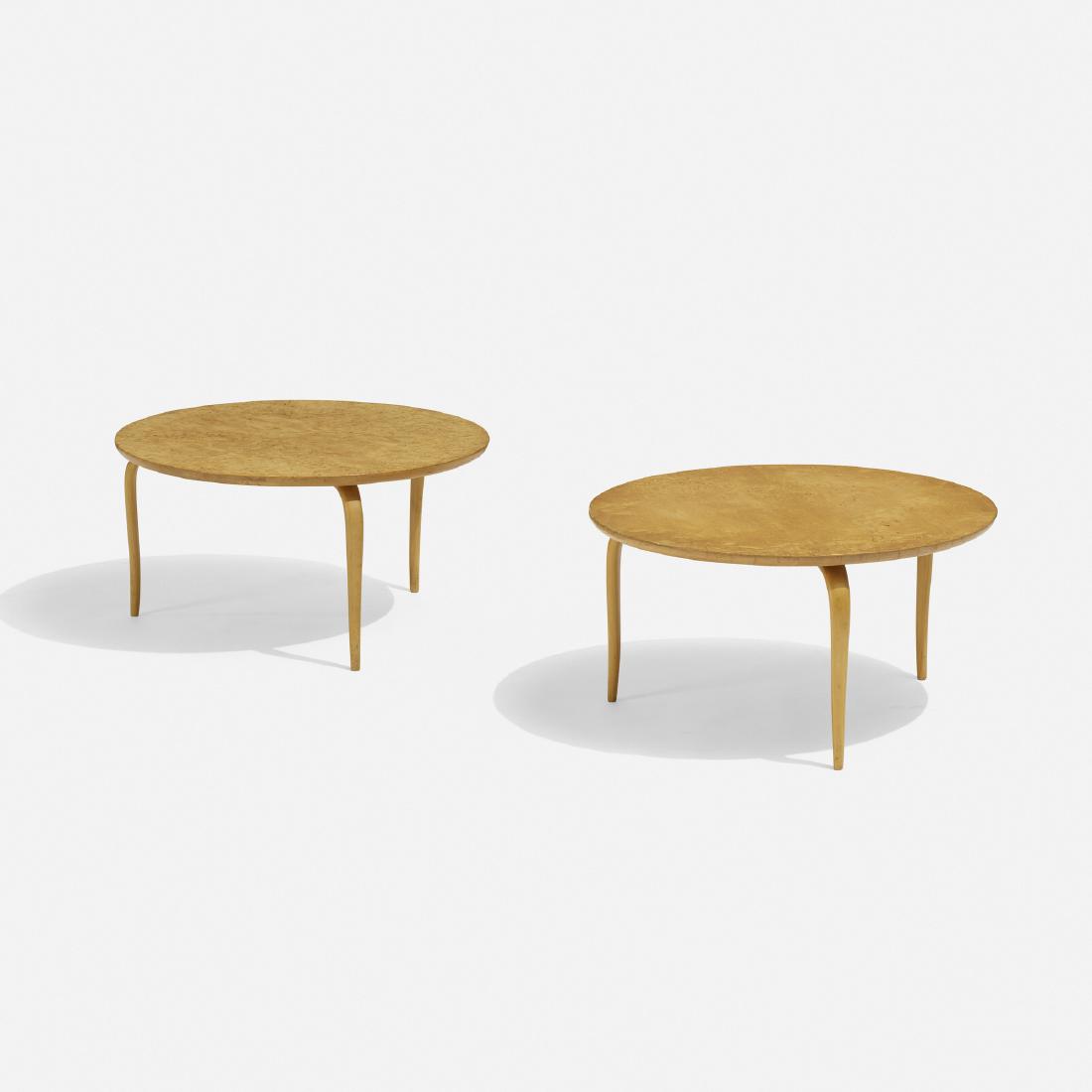 Bruno Mathsson, Annika tables, pair: Bruno Mathsson Annika tables, pair Firma Karl MathssonSweden, 1936 / 1962bird's-eye maple, laminated beech21.5 dia × 11.25 h in (55 × 29 cm) Signed with branded manufacturer's m