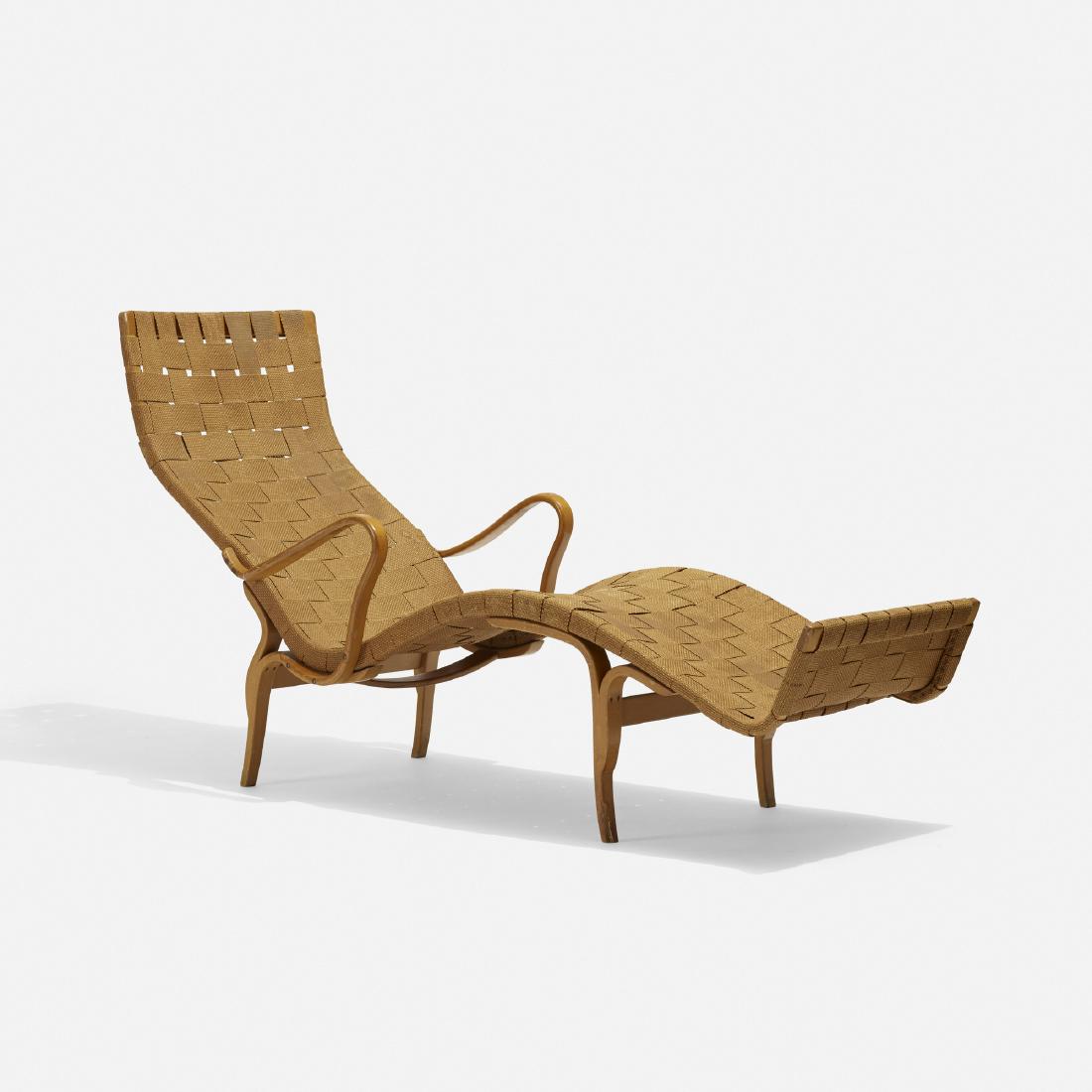 Bruno Mathsson, Pernilla 3 lounge chair: Bruno Mathsson Pernilla 3 lounge chair Firma Karl MathssonSweden, 1942laminated steam-bent beech, canvas25 w × 67 d × 35 h in (63 × 170 × 89 cm) Signed with two deca