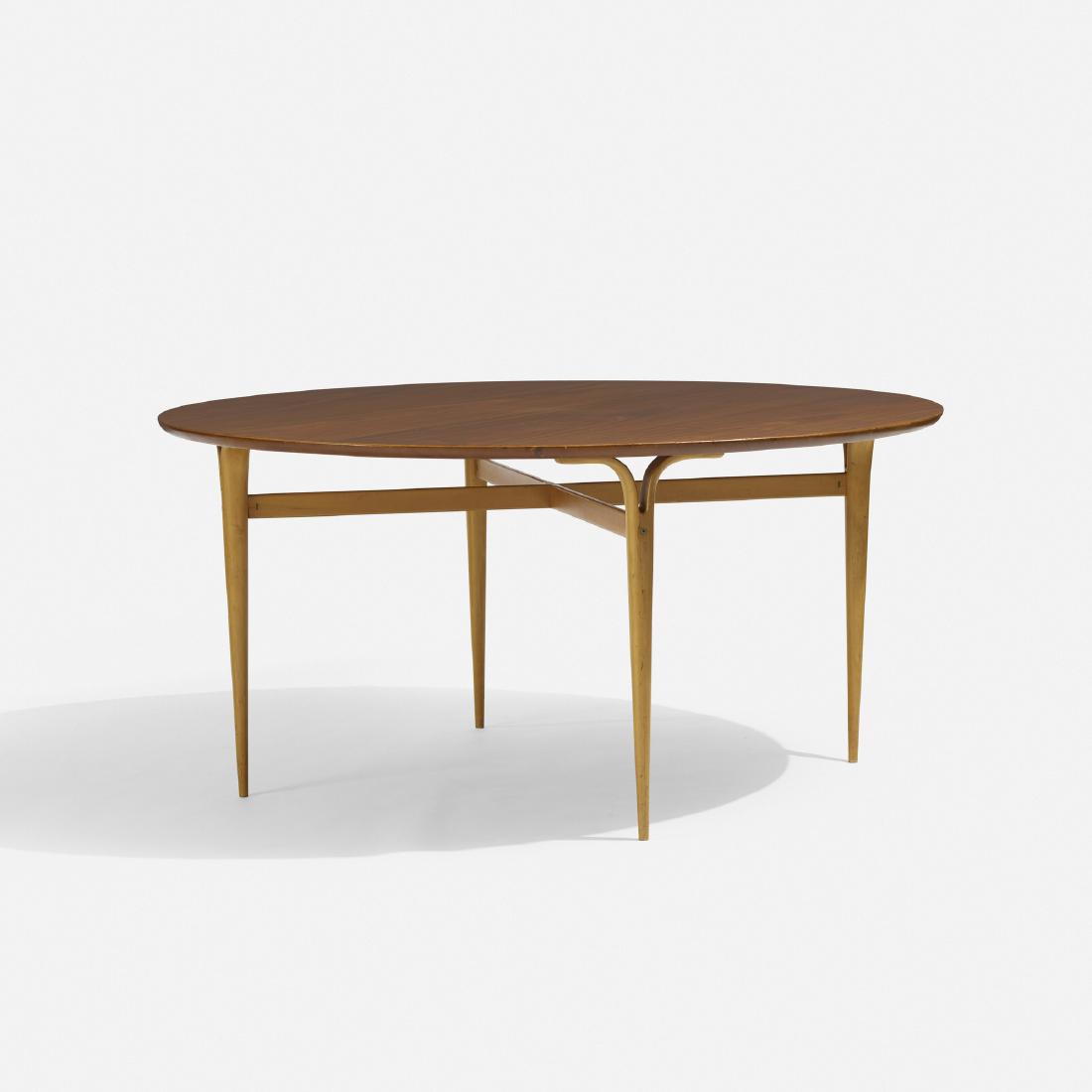Bruno Mathsson, Linda dining table: Bruno Mathsson Linda dining table Firma Karl MathssonSweden, c. 1945 / 1960teak, laminated and steam-bent birch, beech59 dia × 28.25 h in (150 × 72 cm) Signed with branded manuf