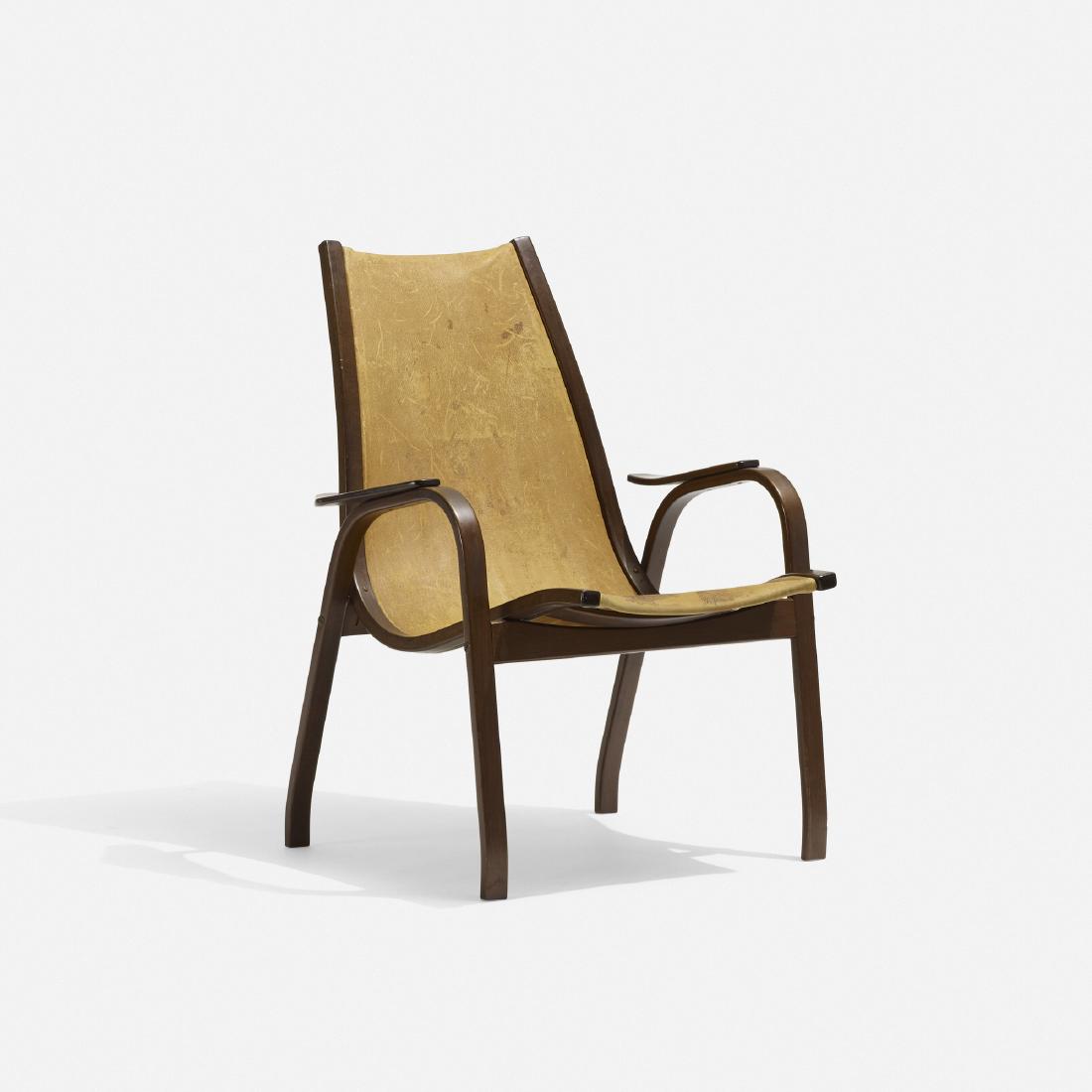 Yngve Ekstrom, Lamino lounge chair: Yngve Ekstrom Lamino lounge chair ESE-moblerSweden, 1956laminated and stained beech, leather26 w × 27 d × 33 h in (66 × 69 × 84 cm) Signed with branded manufacturer'