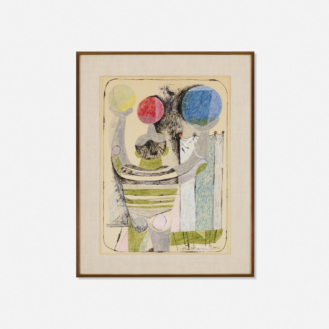 Byron Browne, The Rehearsal: Byron Browne The Rehearsal 1946crayon and ink on paper24 h × 18 w in (61 × 46 cm) Signed and dated to lower right 'Byron Browne 1946'. Titled and dated to verso 'The Rehearsal 1946'.<