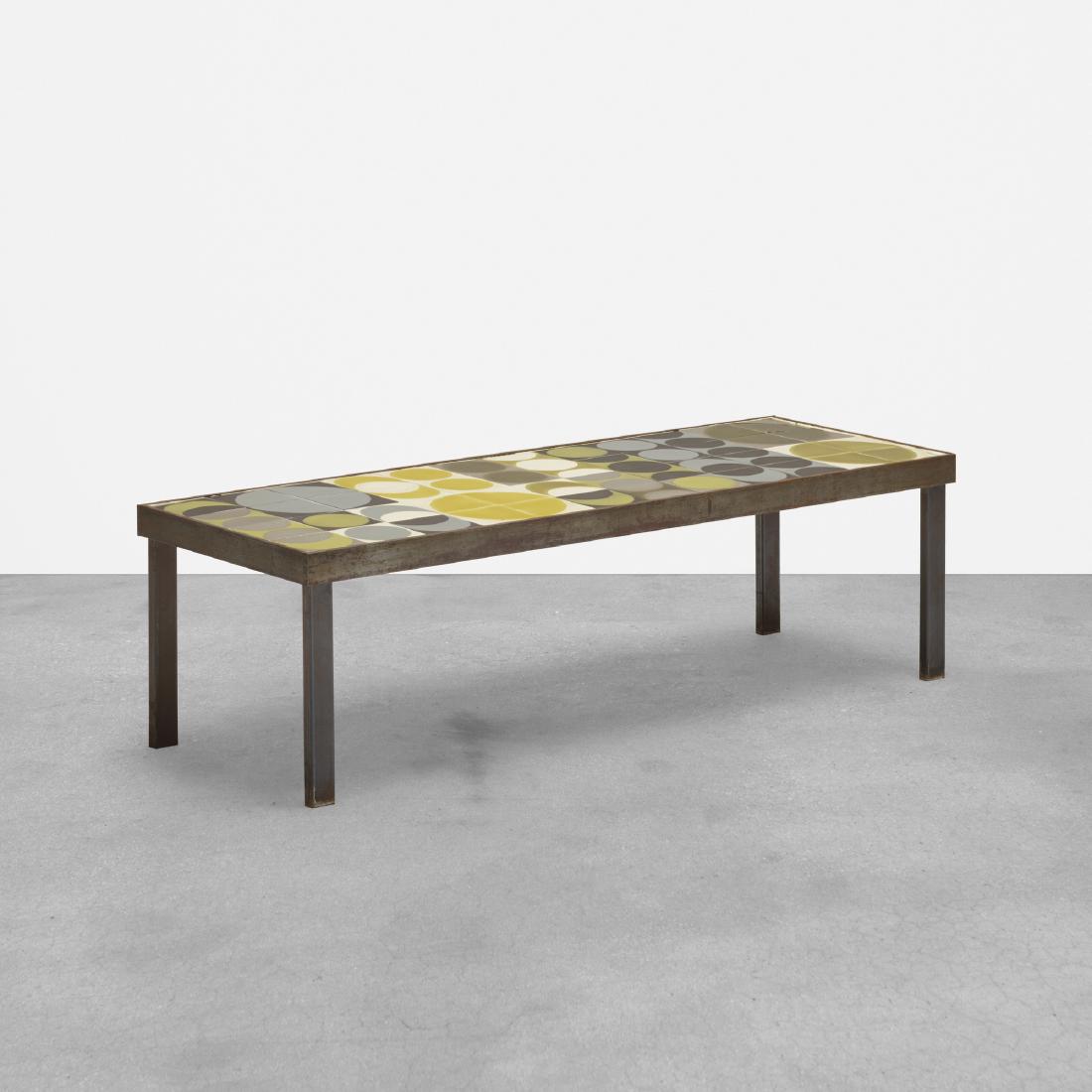 Roger Capron, coffee table: Roger Capron coffee table VallaurisFrance, c. 1965ceramic tile, matte chrome-plated steel48 w × 16.5 d × 13.75 h in (122 × 42 × 35 cm) Glazed signature to corner: [R