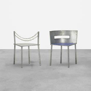 Rei Kawakubo, Rare chairs, set of two: Rei Kawakubo Rare chairs, set of two Comme des GarconsJapan, c. 1987galvanized steel, chrome-plated steel, enameled steel24 w × 18 d × 27.5 h in (61 × 46 × 70 cm)