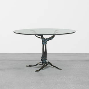 Sido and Francois Thevenin, table from Clos du Paradis: Sido and Francois Thevenin table from Clos du Paradis, Cannes France, 1992patinated steel, glass, leather47.25 dia × 28.25 h in (120 × 72 cm) Signed with applied brass studio label to