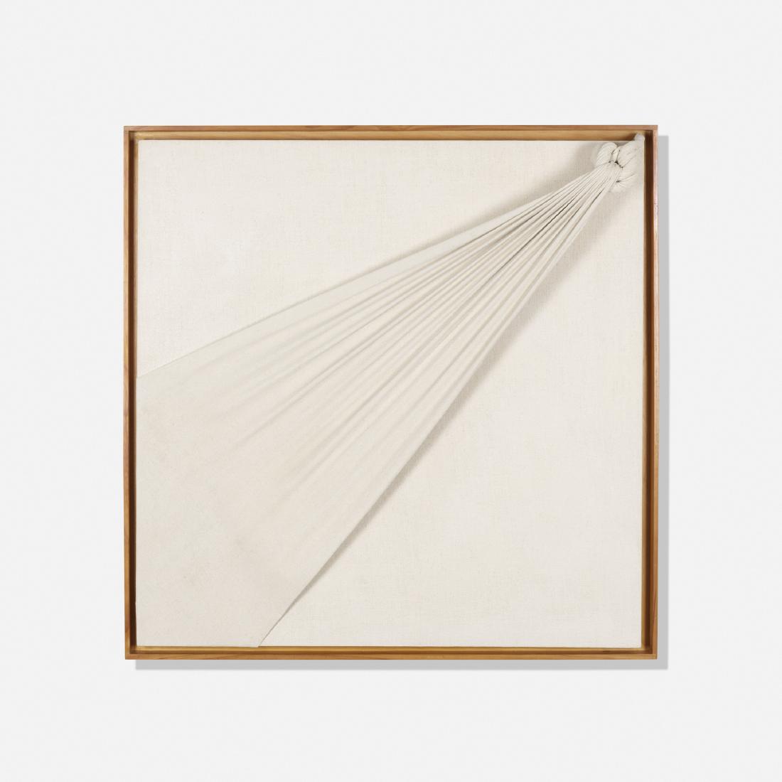 Jorge Eielson, Quipus 60 A: Jorge Eielson Quipus 60 A 1974painted burlap over wood45.25 h × 45.25 w × 6.75 d in (115 × 115 × 17 cm) Signed, titled and dated to verso 'Quipus 60 A Paris - 1974 J. Eiel