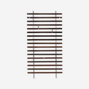 Jules Wabbes, wall-mounted coat rack: Jules Wabbes wall-mounted coat rack Mobilier UniverselBelgium, 1950wenge, matte chrome-plated steel, polished aluminum39.25 w × 2.25 d × 76 h in (100 × 6 × 193 cm) S