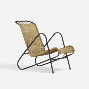 Jean Burkhalter, armchair: Jean Burkhalter armchair France, 1937jute, enameled steel24 w × 40.5 d × 35.25 h in (61 × 103 × 90 cm) Provenance: Galerie Doria, Paris | Collection of Mi