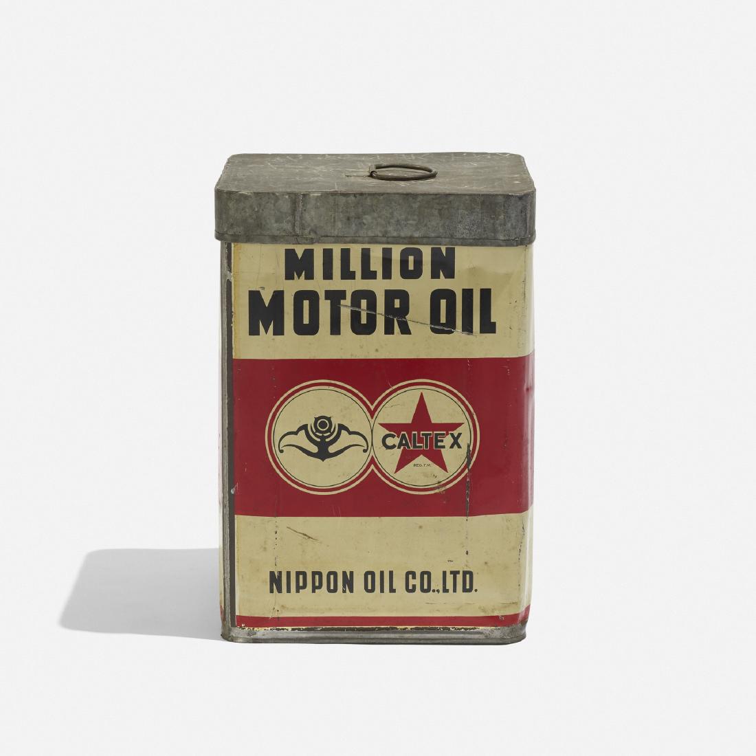 Nippon Oil Co., Ltd., Million Motor Oil box: Nippon Oil Co., Ltd. Million Motor Oil box Japan, c. 1950 enameled steel 9.5 w × 9.5 d × 14 h in (24 × 24 × 36 cm) Provenance: Collection of Michael and Gab