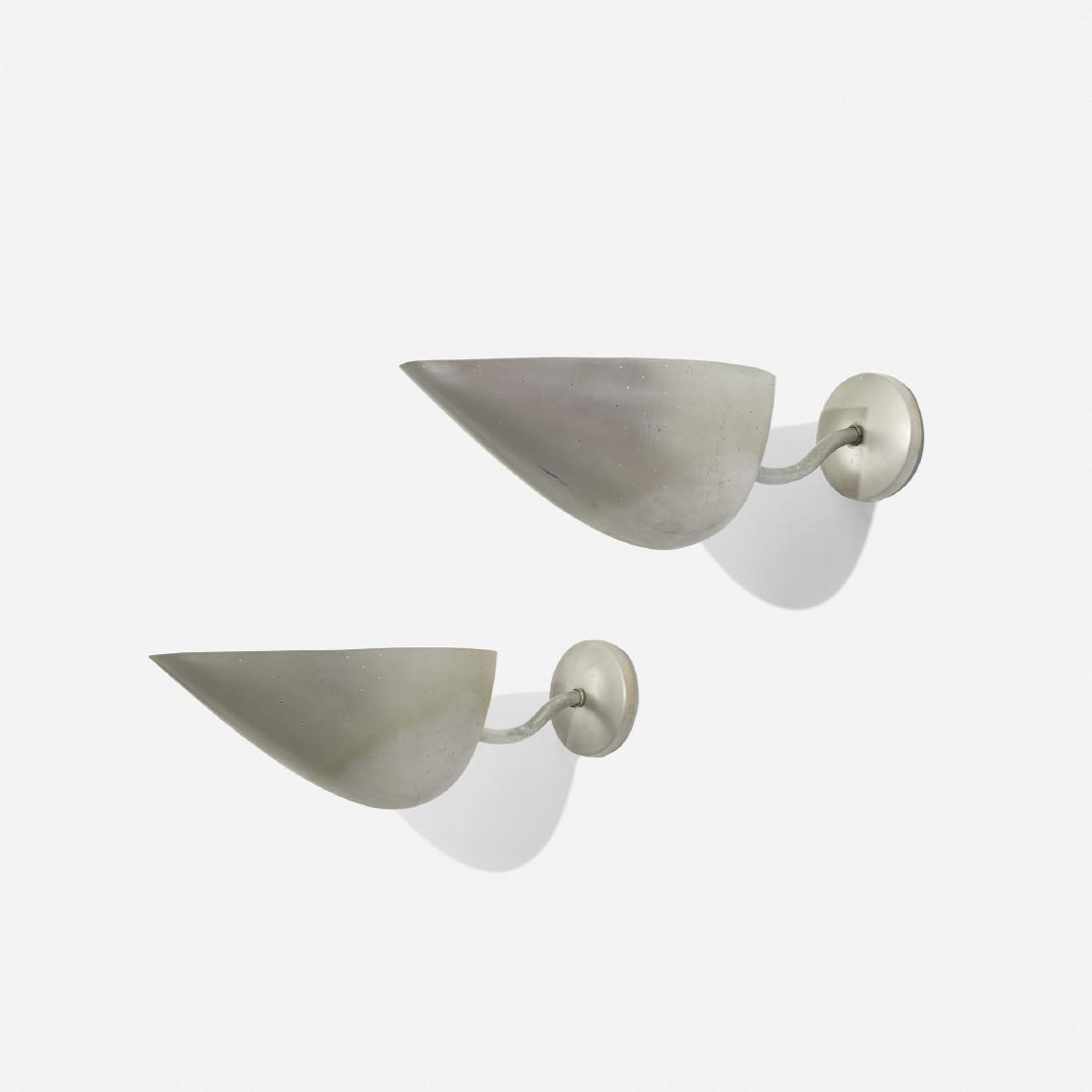 Carl-Axel Acking, sconces, pair: Carl-Axel Acking sconces, pair Broderna Malmstroms MetallvarufabrikSweden, c. 1945brushed and perforated aluminum12 w × 28.5 d × 9.5 h in (30 × 72 × 24 cm) P