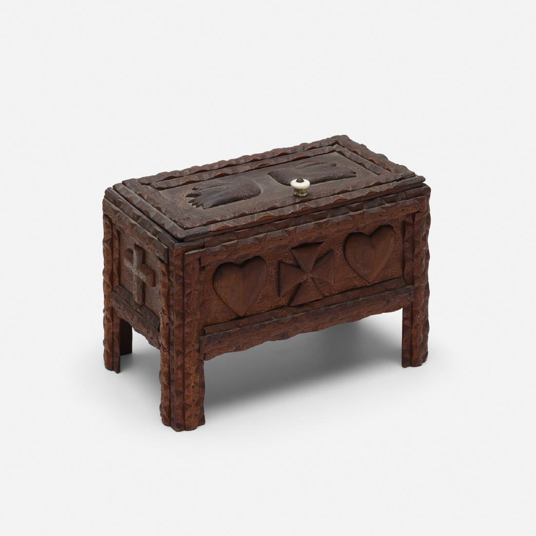 Tramp Art, box: Tramp Art box USA, 1909 chip-carved wood, porcelain 10 w × 6 d × 7.6 h in (25 × 15 × 19 cm) Signed to underside: [Made by Wm. H. Clay of Co.8 U.S Feb 12, 1909].