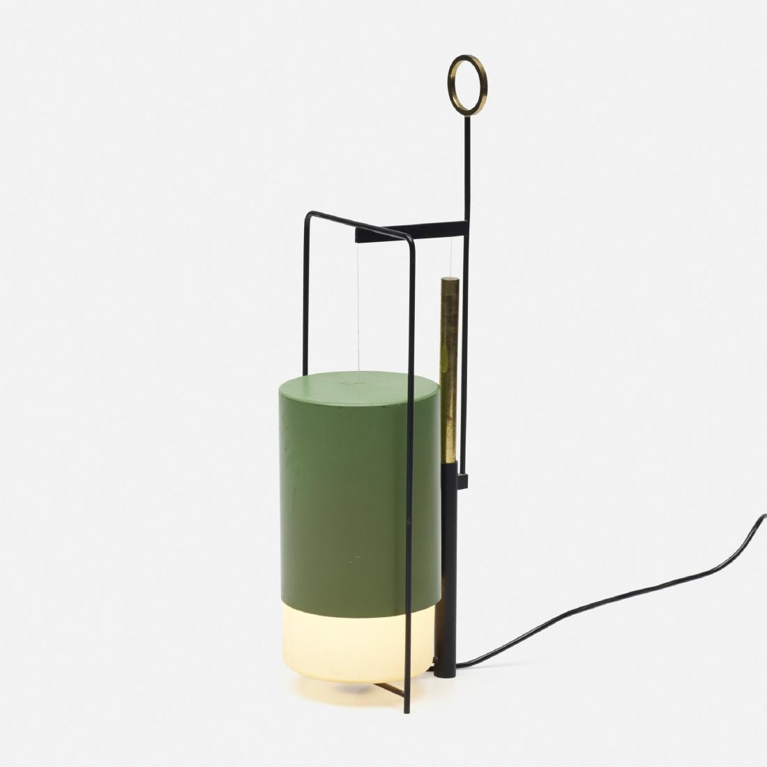 Angelo Lelii, table lamp: Angelo Lelii table lamp ArredoluceItaly, c. 1955enameled brass, frosted glass, enameled aluminum, brass, monofilament line5 w × 5.5 d × 16.25 h in (13 × 14 × 41 cm)