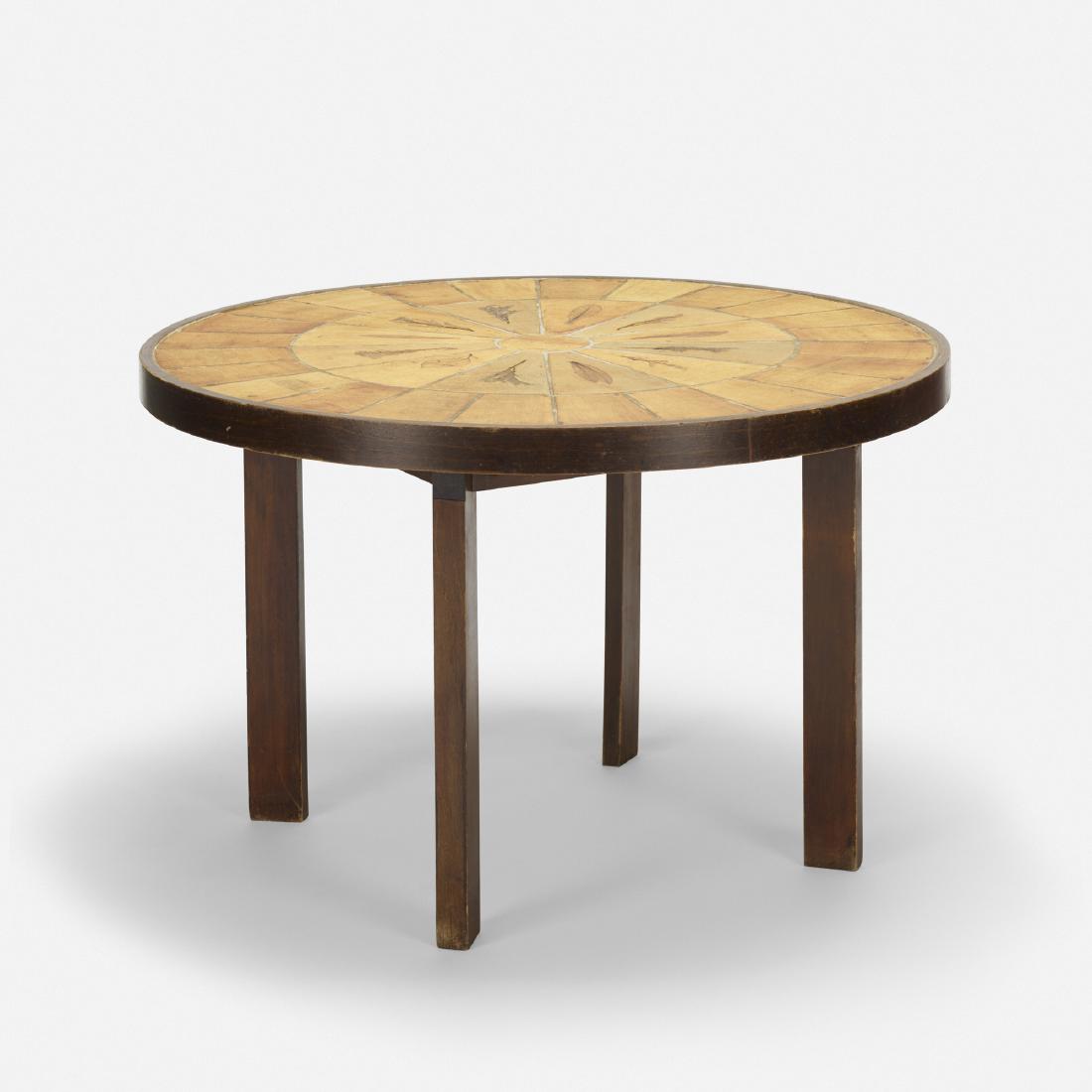 Roger Capron, dining table: Roger Capron dining table VallaurisFrance, c. 1965glazed earthenware, stained beech45.25 dia × 27.5 h in (115 × 70 cm) Glazed signature to top: [R. Capron].