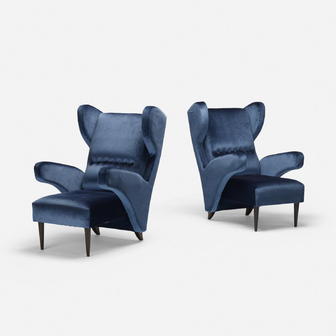 In the manner of Melchiorre Bega, armchairs, pair: In the manner of Melchiorre Bega armchairs, pair Italy, c. 2010 upholstery, lacquered wood 26 w × 35 d × 39.75 h in (66 × 89 × 101 cm)