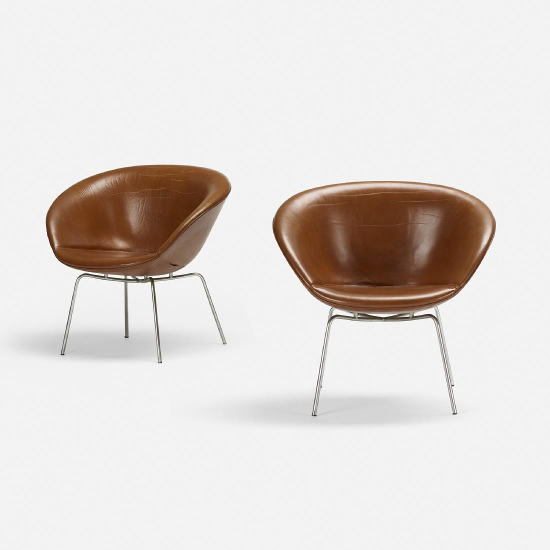 Arne Jacobsen, Pot chairs, pair: Arne Jacobsen Pot chairs, pair Fritz HansenDenmark, 1959 / c. 1970leather, matte chrome-plated steel28.5 w × 23.5 d × 28 h in (72 × 60 × 71 cm) Signed with decal lab