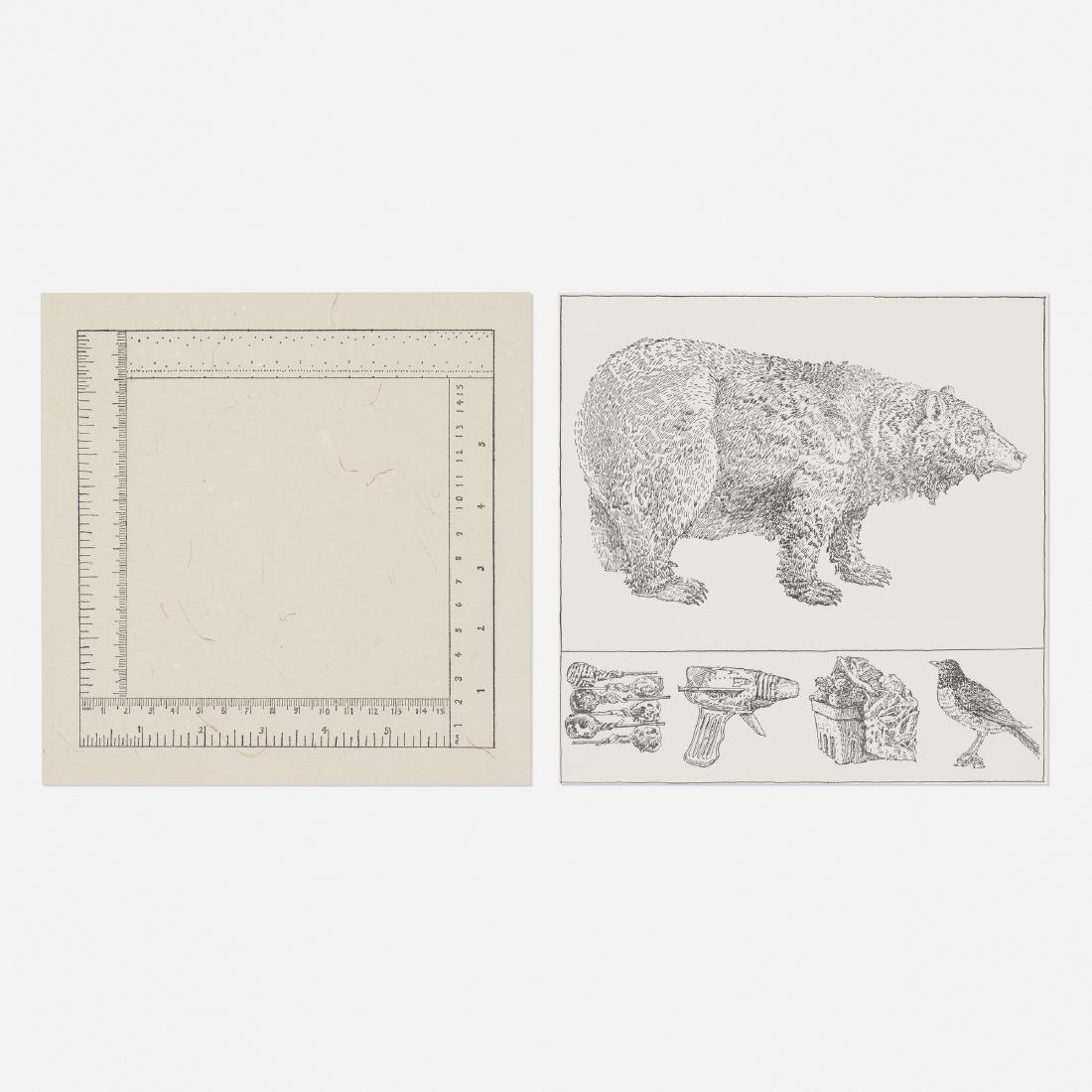 Don Nice and Mangold, two works, Rubber Stamp Portfolio: Don Nice and Sylvia Plimack Mangold two works from the Rubber Stamp Portfolio USA, 1976 / 1977rubber stamp on paper8 h × 8 w in (20 × 20 cm) This lot includes Six Inches Four Ways<