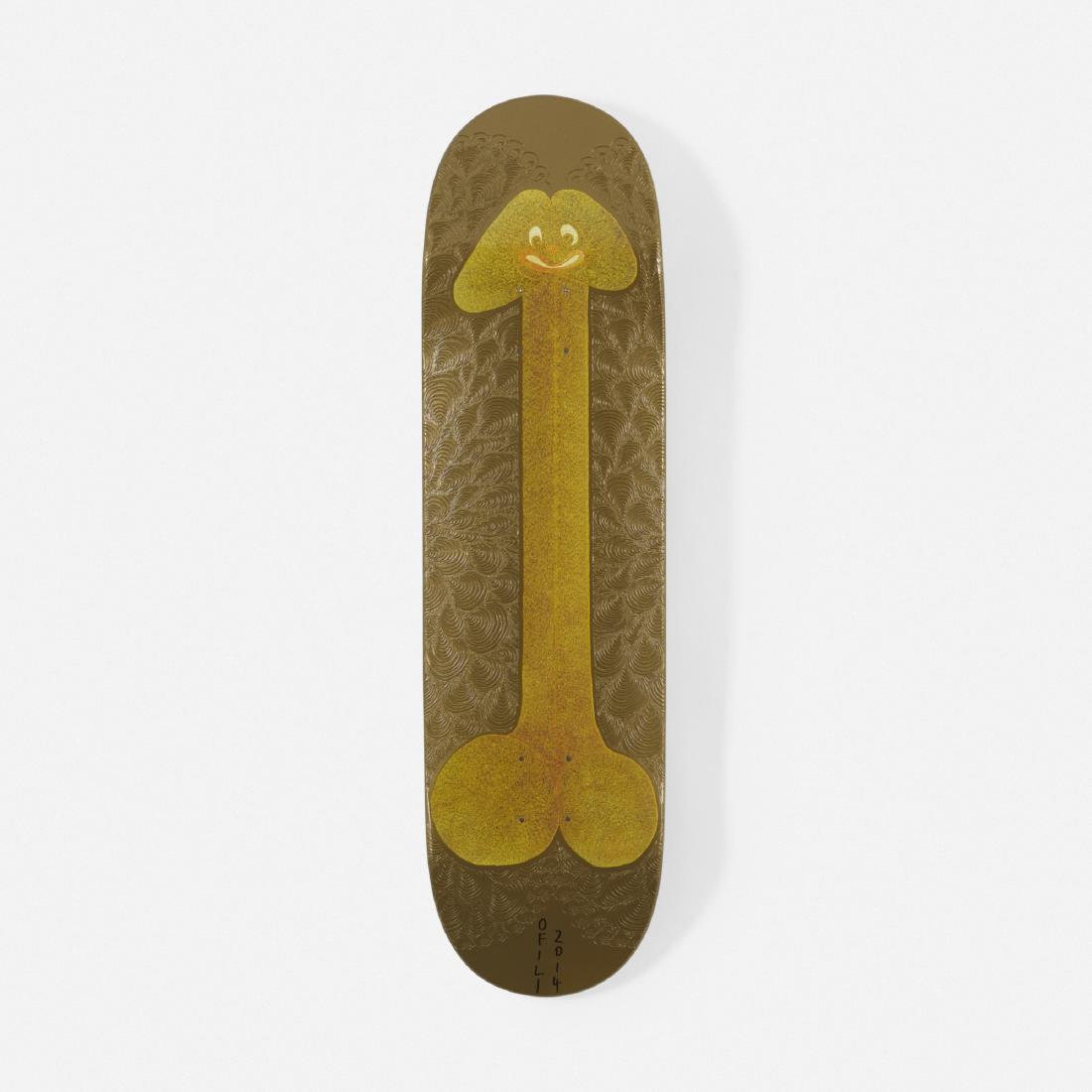 Chris Ofili, Skatedeck: Chris Ofili Skatedeck 2014Canadian Hardrock Maple, gold automotive paint, screenprint32 h × 8.5 w × 2 d in (81 × 22 × 5 cm) Signed and dated to lower edge 'Ofili 2014'. Th