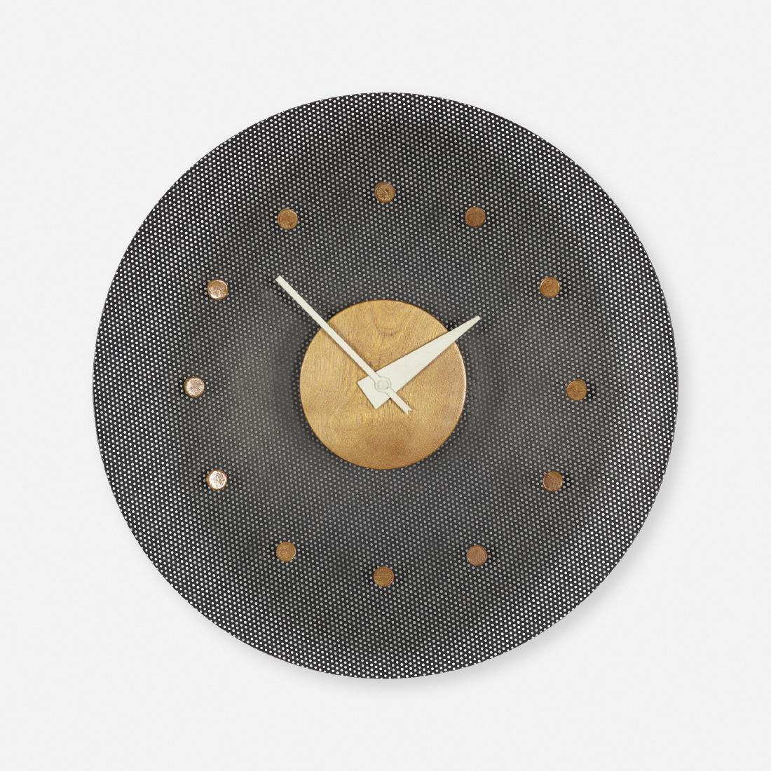George Nelson & Associates, wall clock, model 2203: George Nelson & Associates wall clock, model 2203 Howard Miller Clock Company USA, 1952-53 enameled and perforated steel, birch 14.5 w × 3.25 d × 14.5 h in (37 × 8 × 37 cm)