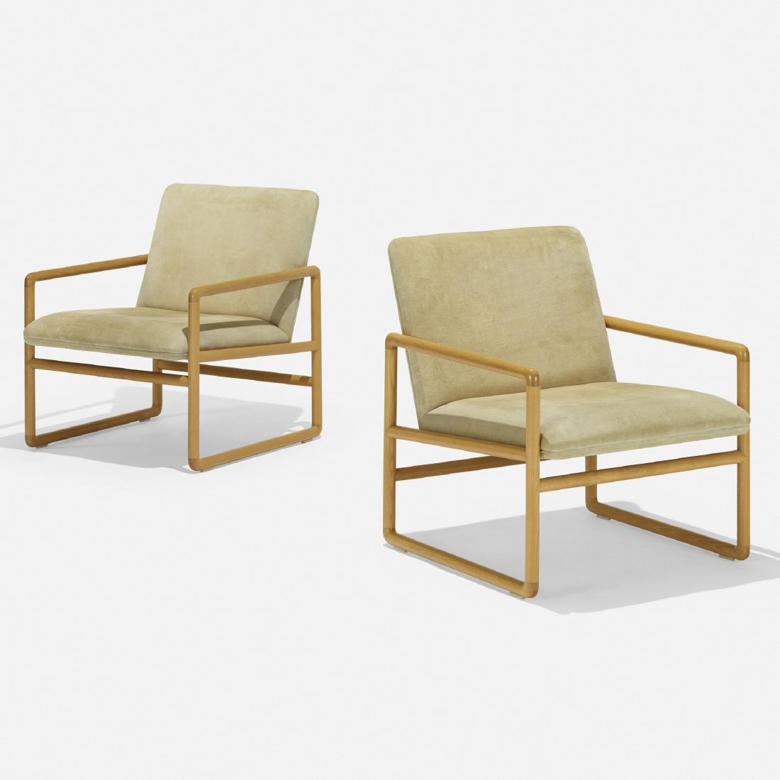 Ward Bennett, lounge chairs model 1226, pair: Ward Bennett lounge chairs model 1226, pair Brickel AssociatesUSA, c. 1960ash, suede26 w × 29 d × 29.5 h in (66 × 74 × 75 cm) Signed with applied metal manufacturer'