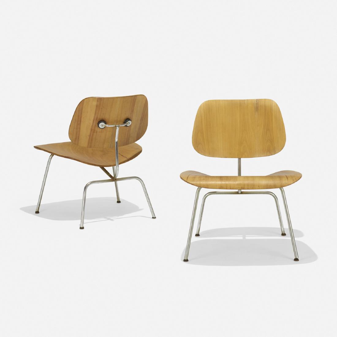 Charles and Ray Eames, LCMs, pair: Charles and Ray Eames LCMs, pair Evans Products/Herman MillerUSA, 1946 / c. 1948ash plywood, chrome-plated steel, rubber22 w × 24 d × 27.5 h in (56 × 61 × 70 cm) Sig