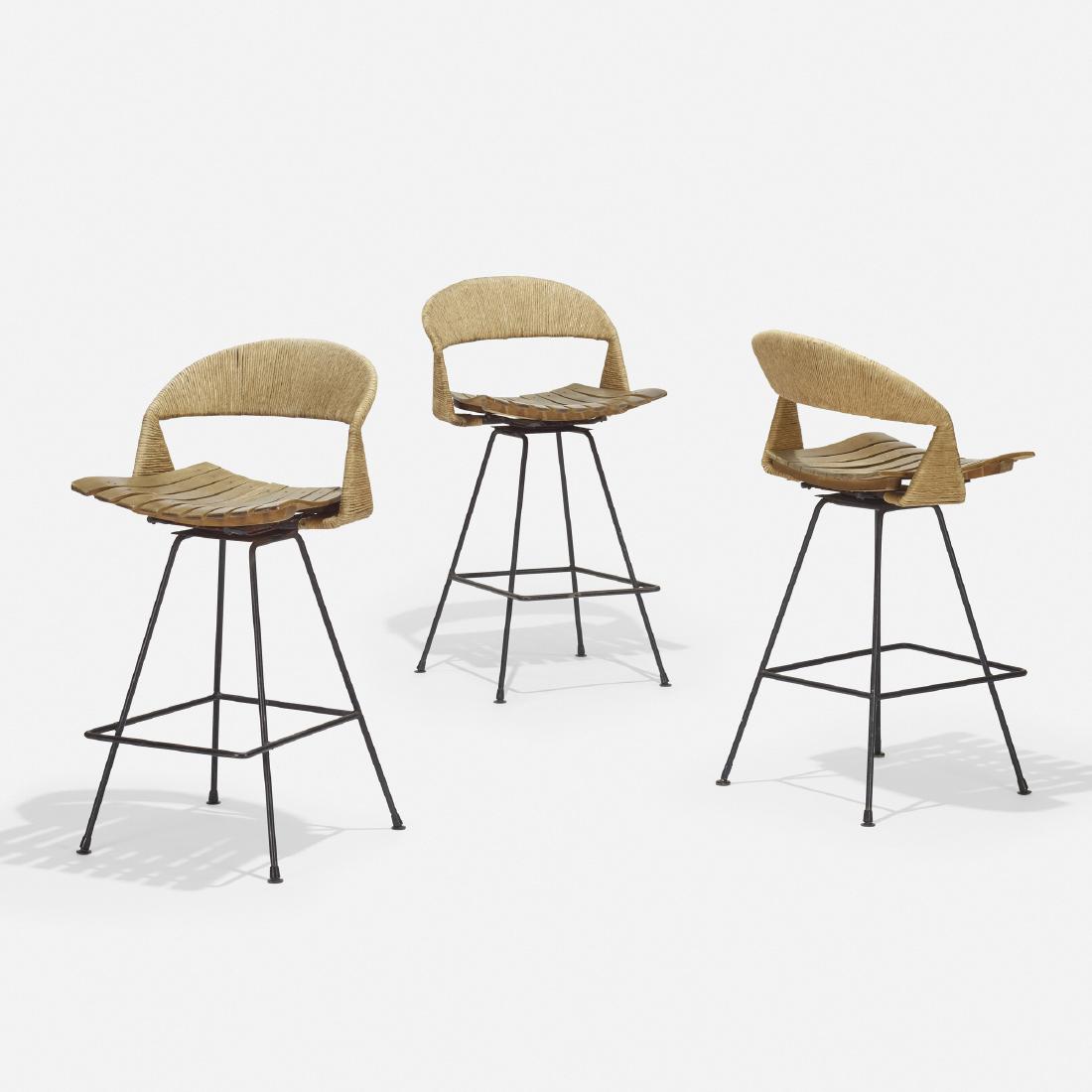 Arthur Umanoff, bar stools, set of three: Arthur Umanoff bar stools, set of three RaymorUSA, c. 1955enameled steel, elm, jute18 w × 19.5 d × 36.5 h in (46 × 50 × 93 cm)