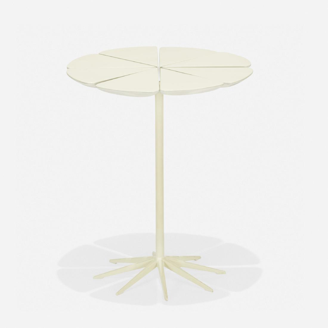 Richard Schultz, Petal occasional table, model P320: Richard Schultz Petal occasional table, model P320 Knoll AssociatesUSA, 1960enameled aluminum, lacquered wood15.75 dia × 19 h in (40 × 48 cm) Signed with decal manufacturer's la