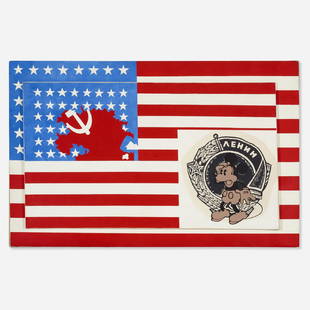 Alexander Kosolapov, Two Flags: Alexander Kosolapov Two Flags 1991acrylic on linen46 h × 72 w × 3 d in (117 × 183 × 8 cm) Signed, titled and dated to verso 'A. Kosolapov 1991 Two Flags'. P