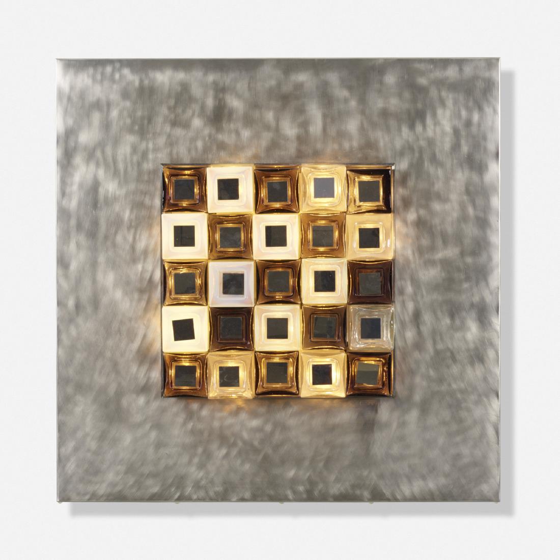 Angelo Brotto, Quasar wall light: Angelo Brotto Quasar wall light EsperiaItaly, c. 1970stainless steel, glass31.5 w × 3.5 d × 31.5 h in (80 × 9 × 80 cm) Incised to lower right 'Esperia'.